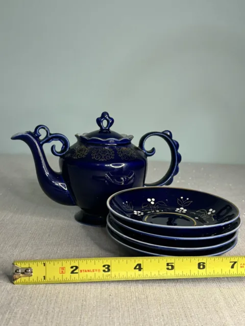 Cobalt Blue Teapot And 4 Matching Plates Set Gold Design Beautiful Quality