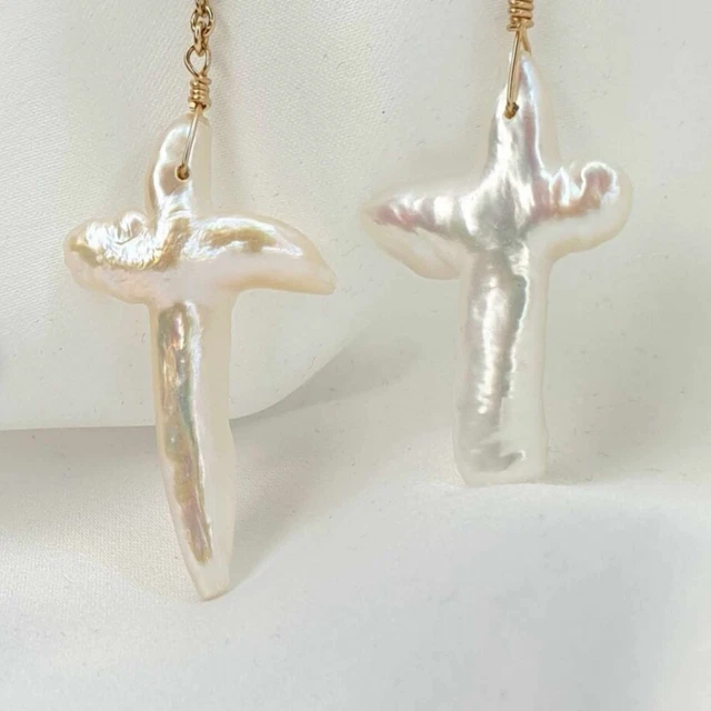 Fashion natural white Cross Large Freshwater pearl Gold earrings Mother's Day