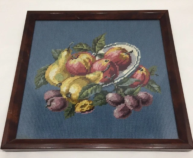 "Peras enmarcadas de lana con aguja fruta bodegones ciruelas manzanas azul mediano 11,5"""