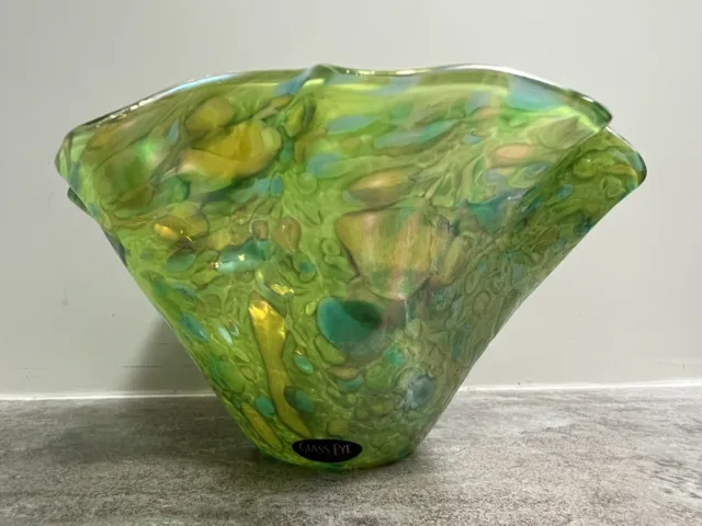 Glass Eye Studio Iridescent Blue Green 6” ART GLASS BOWL Ruffled Edge Hand Blown