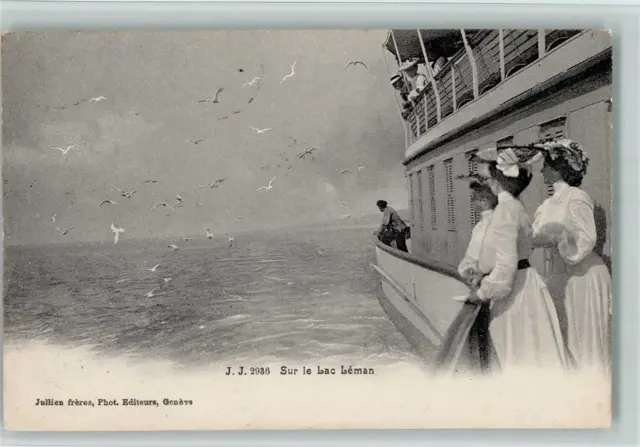 11033058 - Sur le Lac Léman - Damen am Deck 1906 AK Binnenschiff