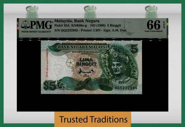 Tt Pk 35A Nd (1998) Malaysia 5 Ringgit T.a. Rahman Pmg 66 Epq Gem Uncirculated