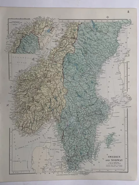 1882 Sweden & Norway Hand Coloured Original Antique Map by Edward Stanford