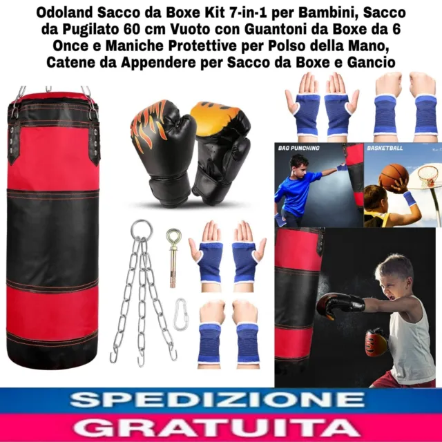 Sacco da Boxe Kit 7-in-1 x Bambini, Sacco da Pugilato 60 cm Vuoto con Guantoni