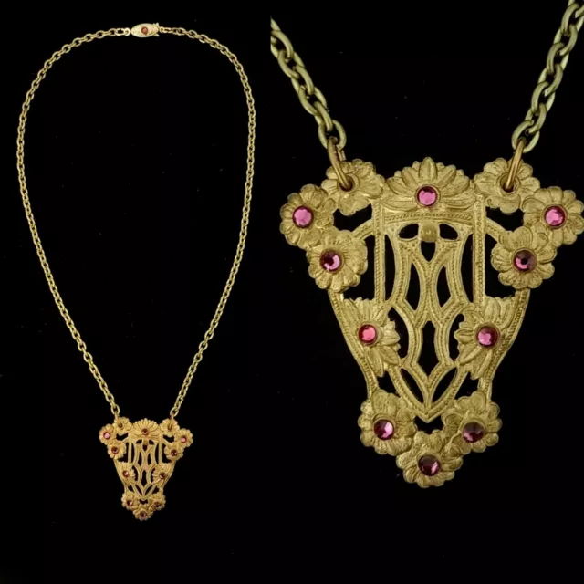 Vintage 1920s Filigree Flower Pink Crystal Necklace