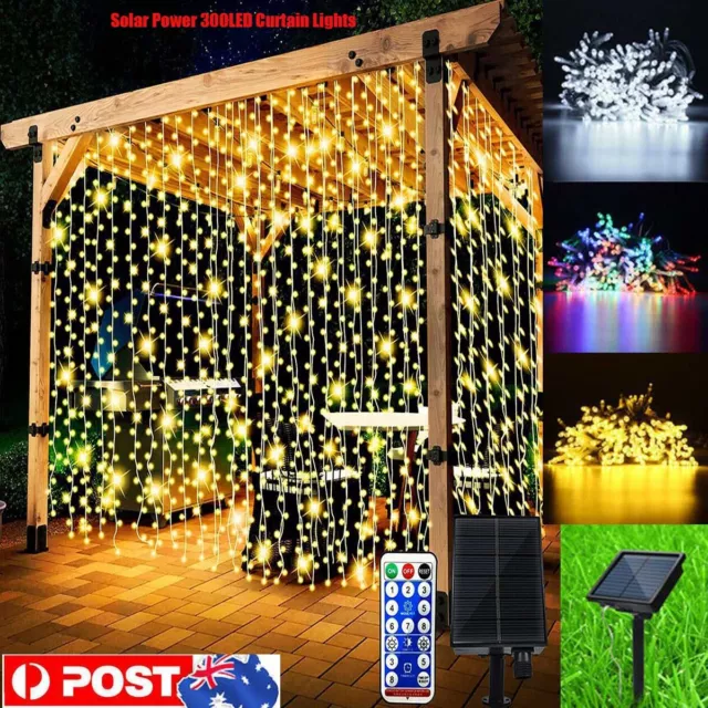 Solar Powered 200/300 LED Curtain Fairy Lights Wedding Outdoor Garden Party Xmas