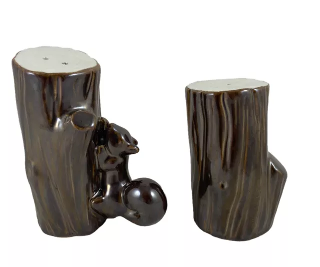 POTTERY BARN Salt And Pepper Shakers Ceramic Squirrel Tree Trunk Metallic Brown