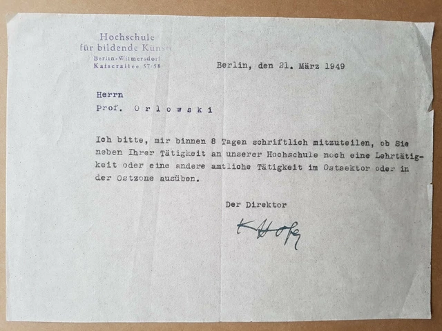 KARL HOFER Original Brief handsigniert Hochschule Bildende Künste Berlin Ostzone