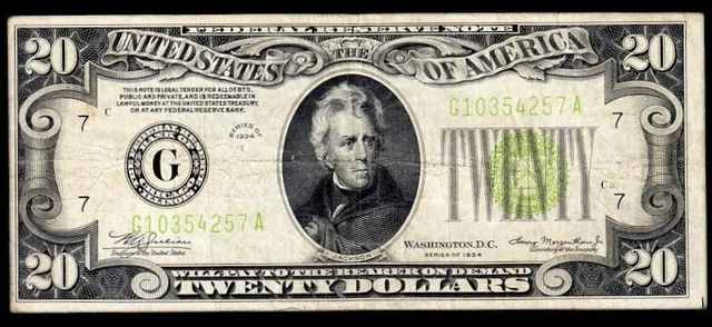 1934 Chicago $20 LGS (Lime Green Seal) Federal Reserve Note VF