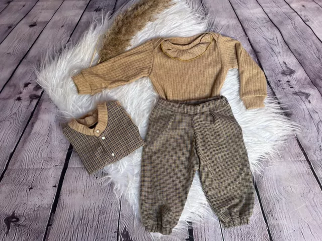 Baby Set Anzug beige kariert 3-tlg. Jäckchen, Hose, Body