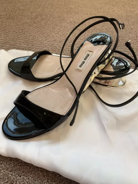 Miu Miu Prada Black Patent Leather Crystals Jeweled Heel Sandals 38 Italy