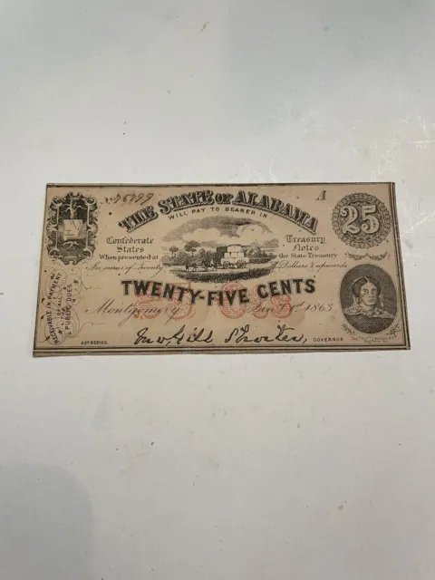 25cents - State Of Alabama 1863, Montgomery. Red 25 Overprint