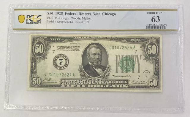 $50 1928 Federal Reserve Note CHICAGO Fr. 2100-G PCGS UNC63 Woods, Mellon