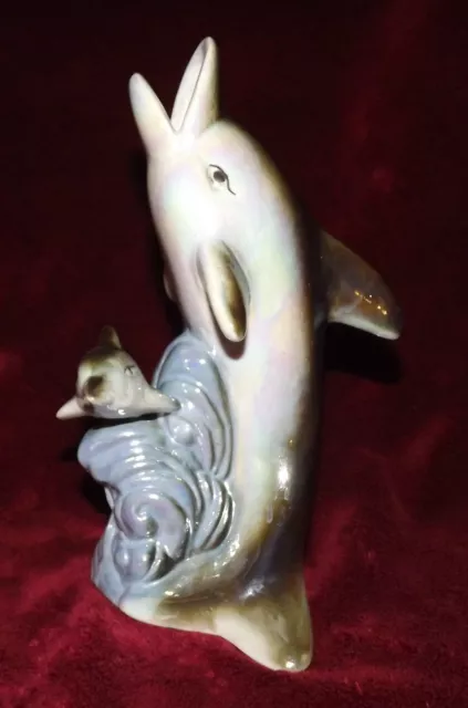 Dolphin Porpoise Figurine 8" Mother & Baby Waves Slick Pearlescent Hand Paiinted