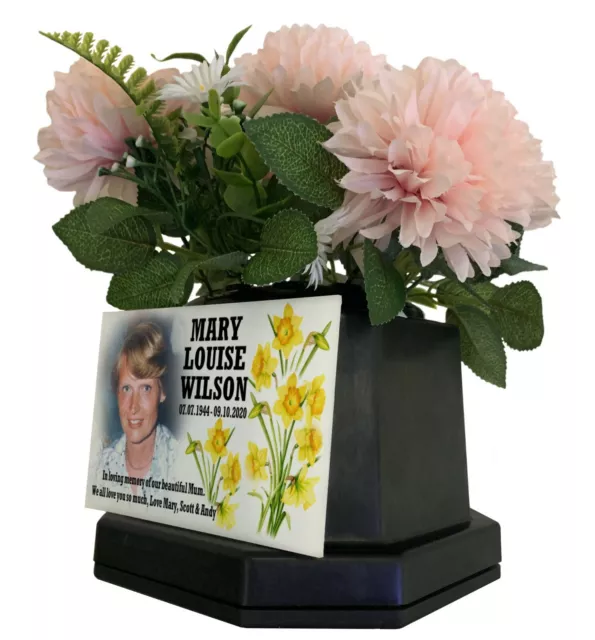 Grave Memorial Flower Vase Black Graveside Pot Personalised Photo plaque.