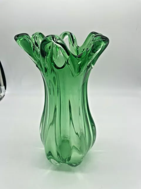Hand Blown Emerald Art Glass Vase Pulled Tips With Openings 3