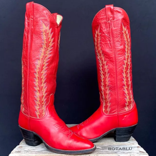 Larry Mahan Vintage Red Leather Tall Knee High Cowgirl Cowboy Western Boots 7.5