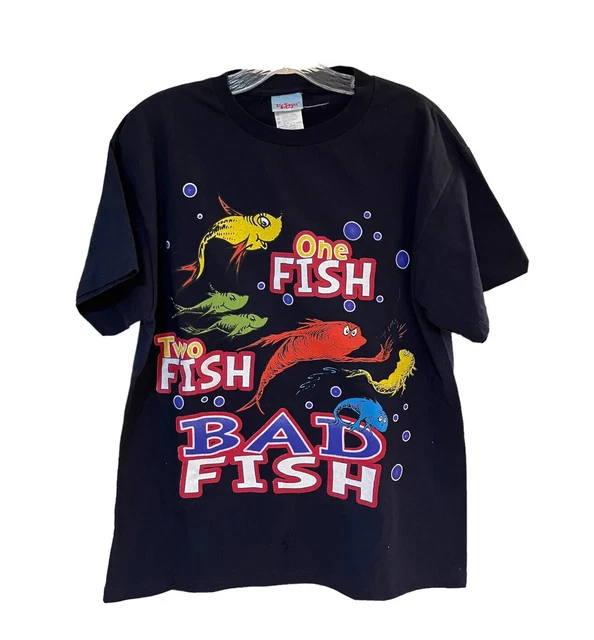 Vtg Dr. Seuss One Fish Two Fish Bad Fish Men's T-Shirt Dark Blue Cotton Size M