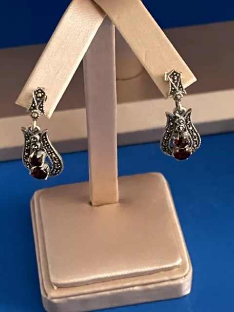Sterling Silver Garnet Marcasite Dangling Pierced Earrings