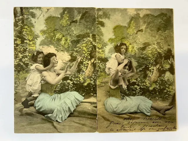 CPA Lot 2 cartes postales fantaisie Femme avec fillette 1905