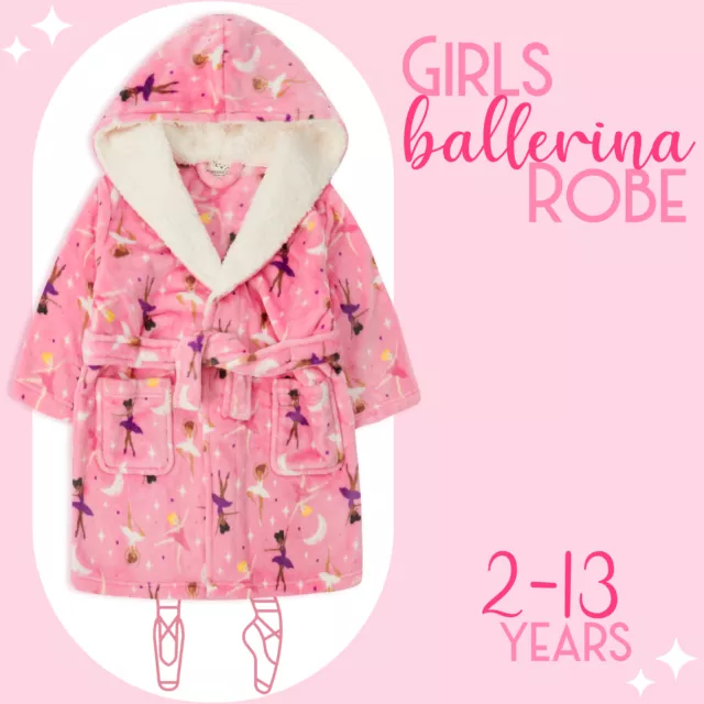 Kids Girls Hooded Dressing Gown Plush Fleece Bathrobe Ballerina Robe Pink 2-13