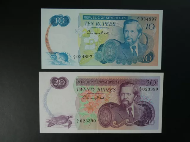 2No. 1976/77 SEYCHELLES 10 & 20 RUPEES BANKNOTE (AFRICA) ORIGINAL GVF & aUNC/UNC