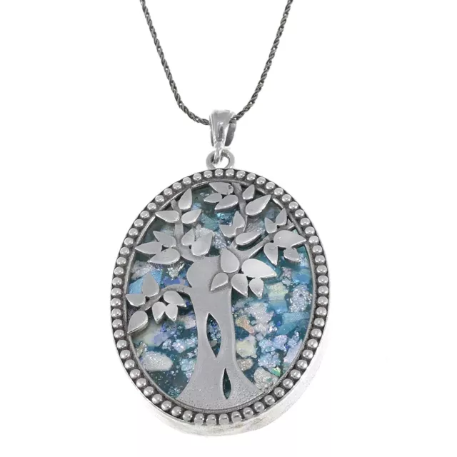 Beautiful 925 Sterling Silver Ancient Roman Glass oval Pendant tree of Life