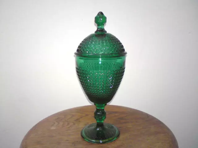 Vintage Empoli Hobnail Diamond Pressed Green Stem Glass Urn Vase and Cover