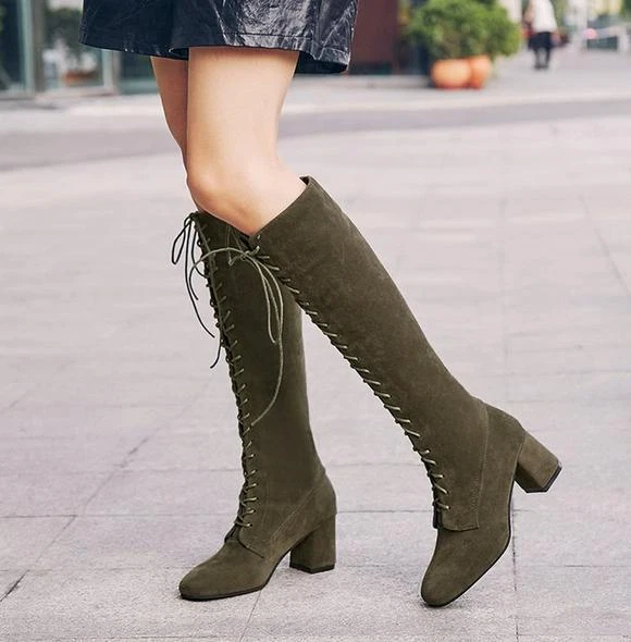 Women Suede Faux Leather Mid Calf Boots Lace Up Block Heels Slim Leg Tall Shoes