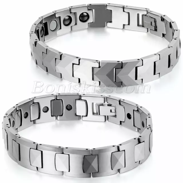 Mens Polished Silver Tone Wide Heavy Tungsten Carbide Link Health Bracelet Chain