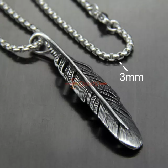 Vintage Stainless Steel Feather Necklace Chain Pendant Silver Tone Men's Women's