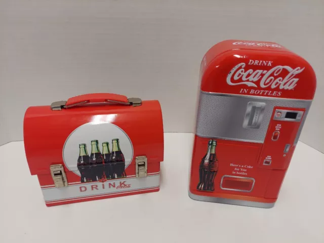 Set of 2 Vintage Coca Cola Collectible Mini Tin Lunch Box & Vending Machine
