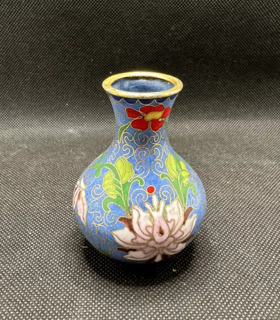 Vintage Miniature Cloisonne Vase Multi-Colored Enamel Floral Gold Gilt 3" Tall