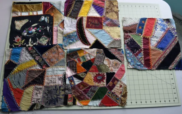 2937 5 antique 1880-90's silk Crazy Quilt blocks, fabulous embroidery and fabric