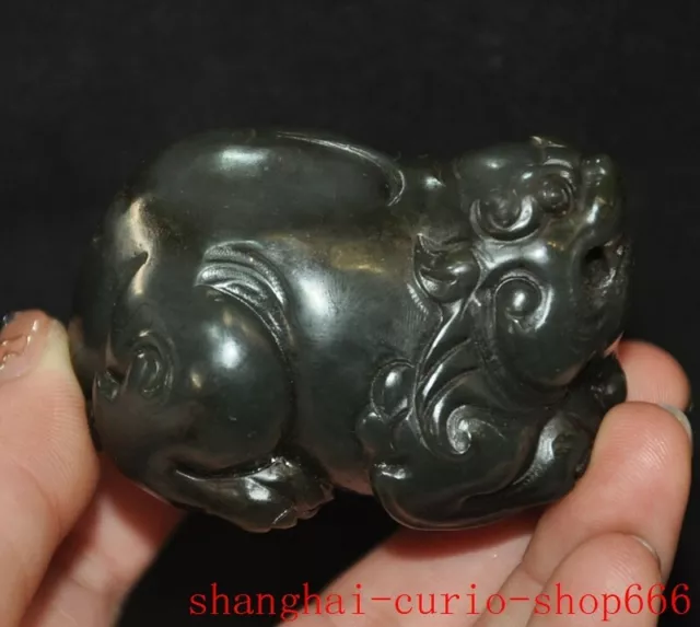 2"China ancient Hetian jade Carved fengshui wealth Brave troops Pixiu statue