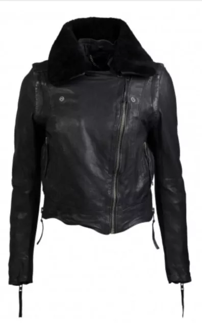 Muubaa shearling aviator biker jacket real sheepskin lamb leather size 6 black