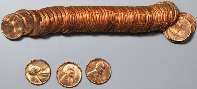 1955-S Lincoln Wheat Cent Roll RED BU Uncirculated Cents 50 Coins (23030403R)