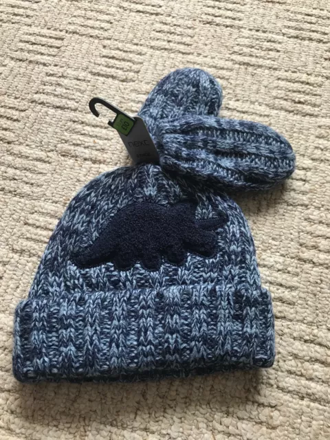 NEW Next Baby Warm Hat & Mittens Gloves Set 12-18-24m 1-2y BNWT Dinosaur Knitted
