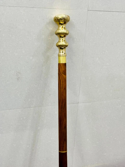 Bastone Da Passeggio In Legno Canna In Ottone Manico Vintage Testa