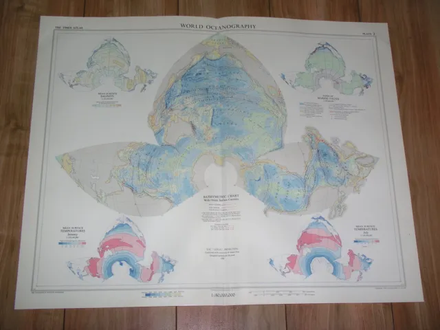 1958 Vintage Map Of World Oceans Oceanography / Bathymetric Chart / Marine Fauna