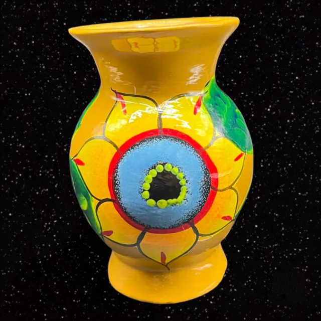 Vintage Mexico Folk Art Pottery Vase Sunflower Yellow Hand Painted 5”T 3”W