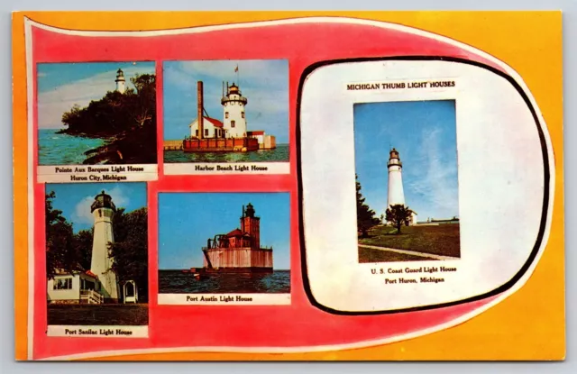 Split View Scenes From Michigan Thumb Lighthouses Port Austin MI Postcard J8