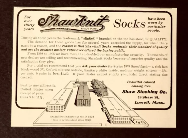 1908 Shaw Stocking Sock Company Advertisement Mill Factory Antique Print AD