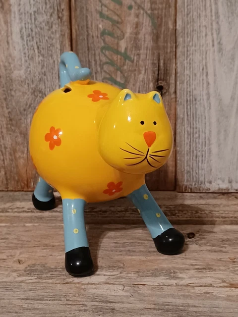 Kitschy Crazy Wild Kitty Cat Glass Bank Yellow Floral Polka Dot Blue 6" x 6.5"