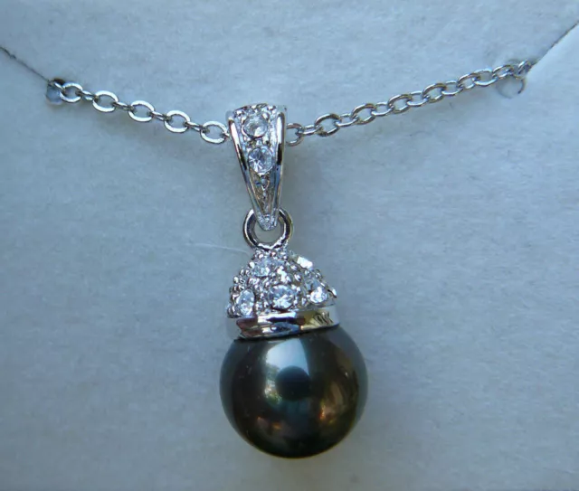 Perle de Tahiti 10 mm fausse perle avec CZ et chaîne argent sterling 24 pouces