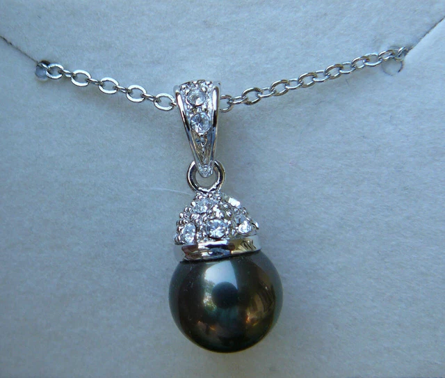Tahitian Pearl 10 mm Faux Pearl with CZ and 24" Sterling Silver chain