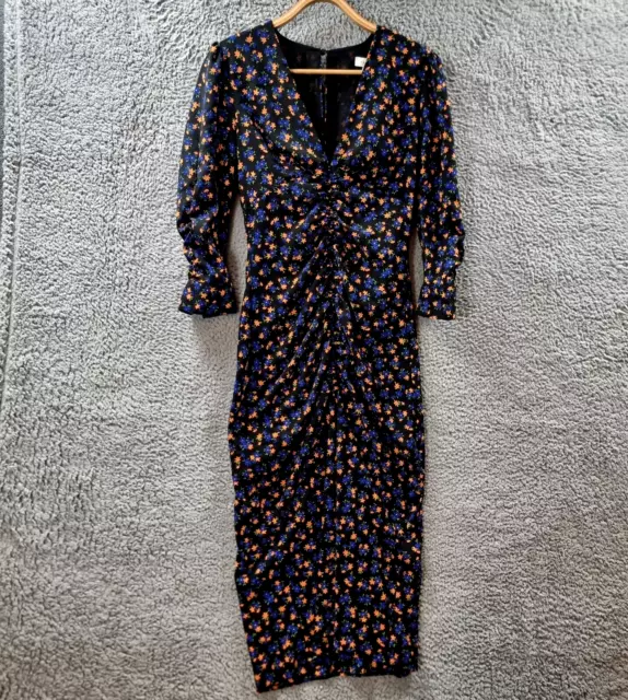 Topshop Womens Pencil midi Dress Size 8 Black Blue Orange Floral 3/4 Sleeve