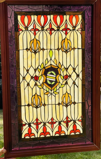Vintage Antique Stained Glass Window In Frame 20 1/4” X 31 7/8”