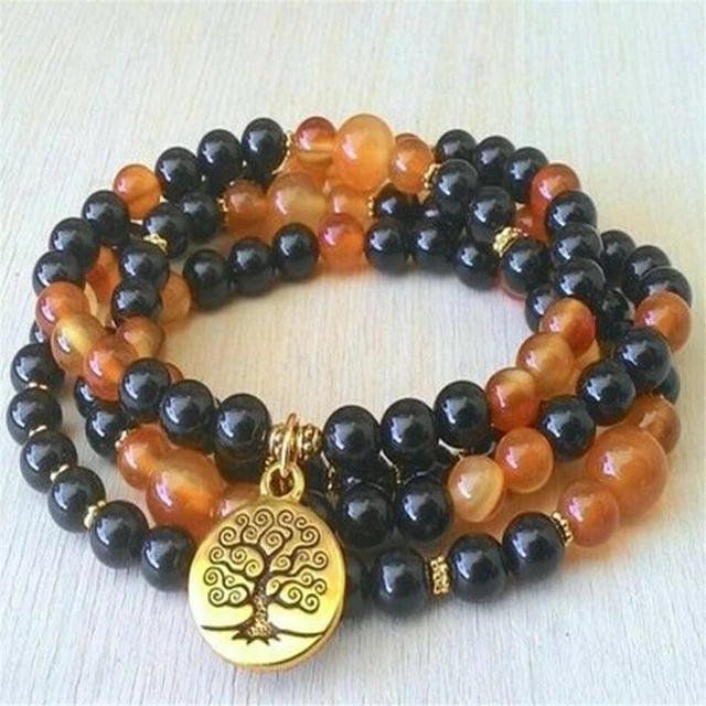 6MM Black Onyx Bracelet 108 Beads Tree Of Life Pendant Lucky Healing Buddhism