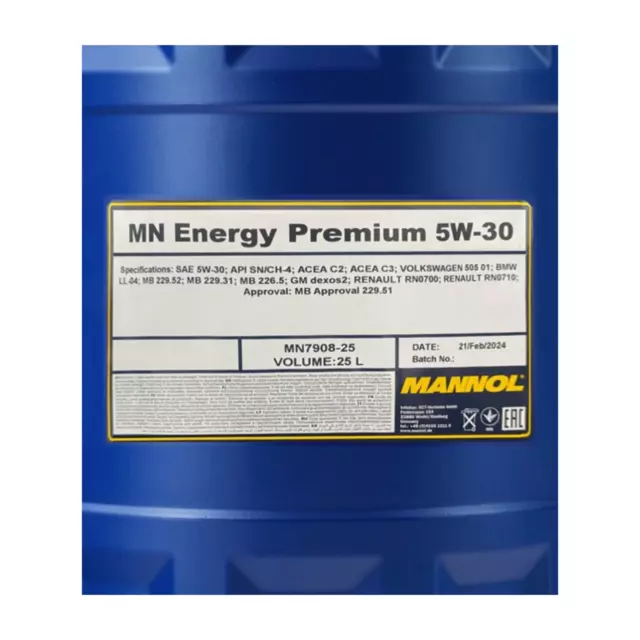 4x25L Mannol Energy Premium 5W30 Fully Synthetic Engine Oil ACEA C2/C3 BMW LL-04 2